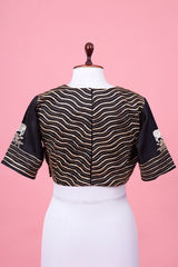 Black Raw Silk Blouse with Stripes and Pichwai Motifs