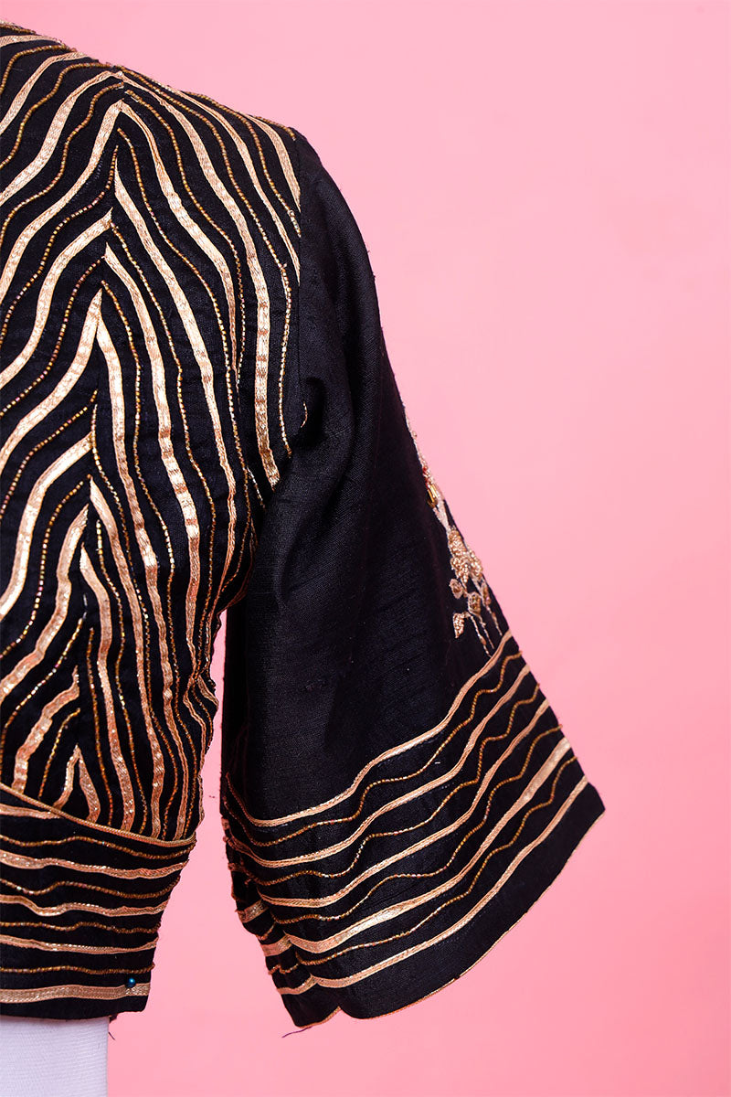 Black Raw Silk Blouse with Stripes and Pichwai Motifs