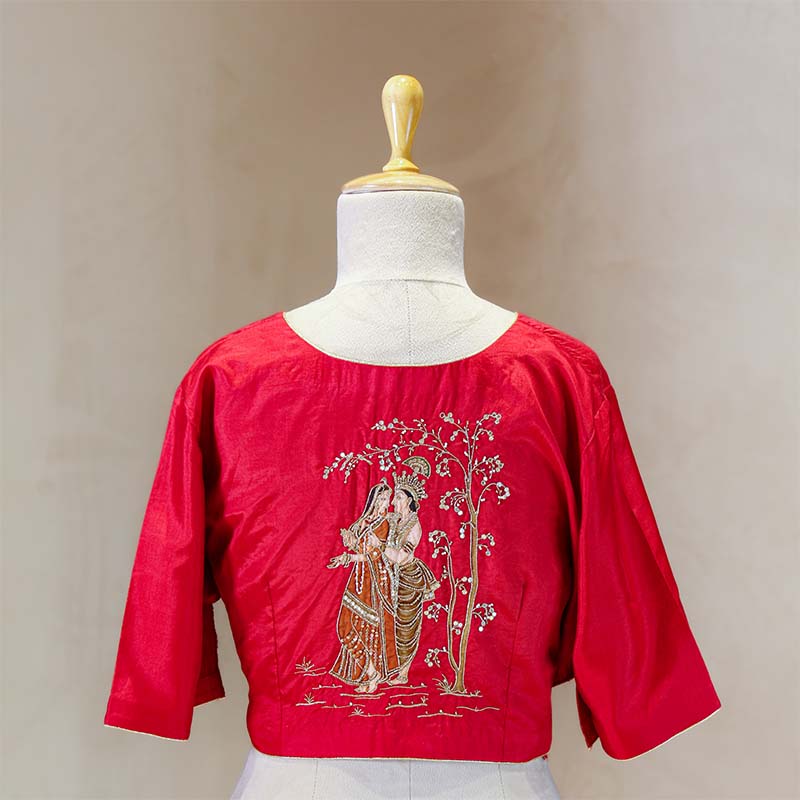 Nita Ambani Inspired Red Patola Saree with Radha-Krishna Embellished Blouse