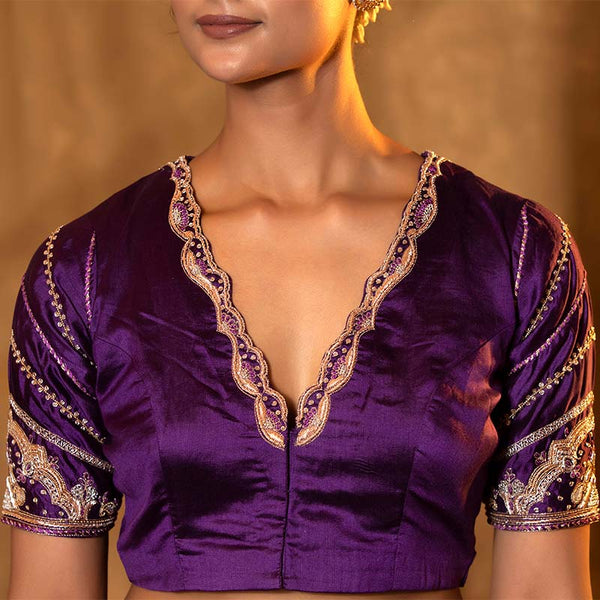 Dark Purple Chiniya Silk Banarasi Blouse with Zardozi Handwork