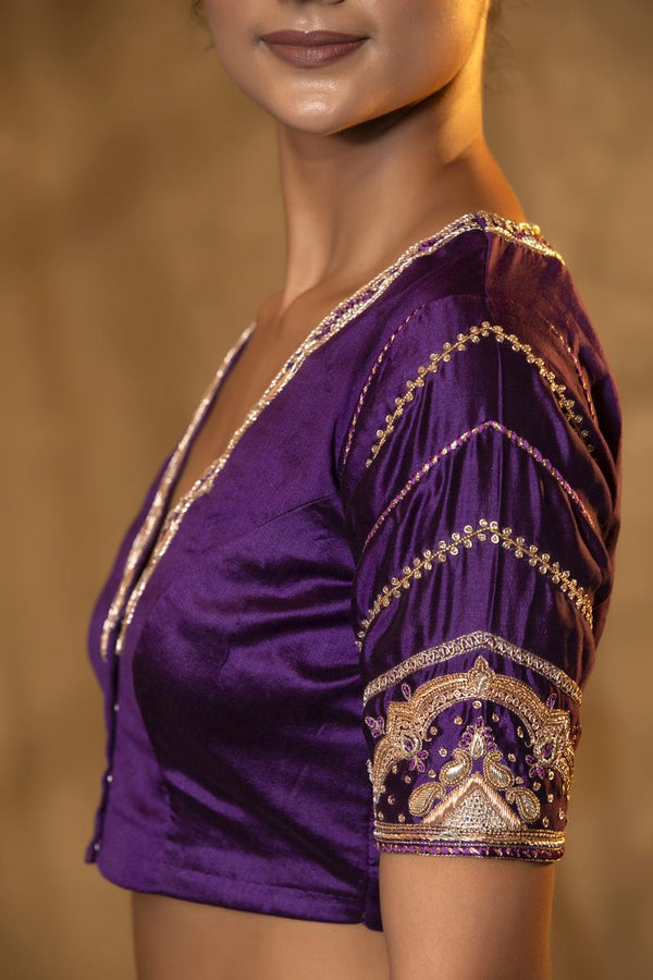 Dark Purple Chiniya Silk Banarasi Blouse with Zardozi Handwork