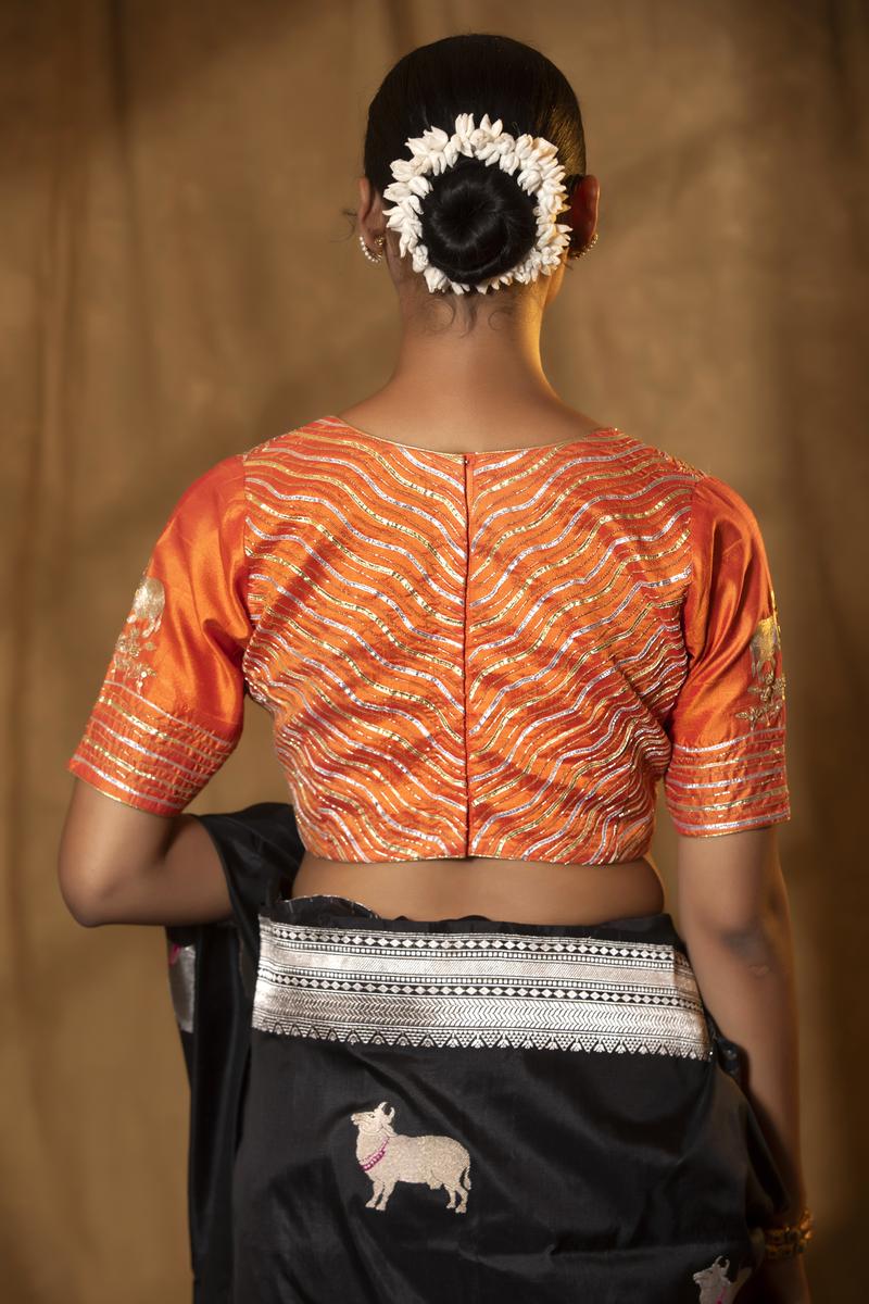 Orange Raw Silk Blouse with Gota Patti and Cutdana Stripes