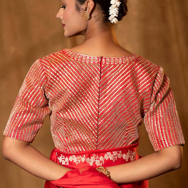 Red Katan Silk Banarasi Blouse with Gota Patti and Cutdana Stripes