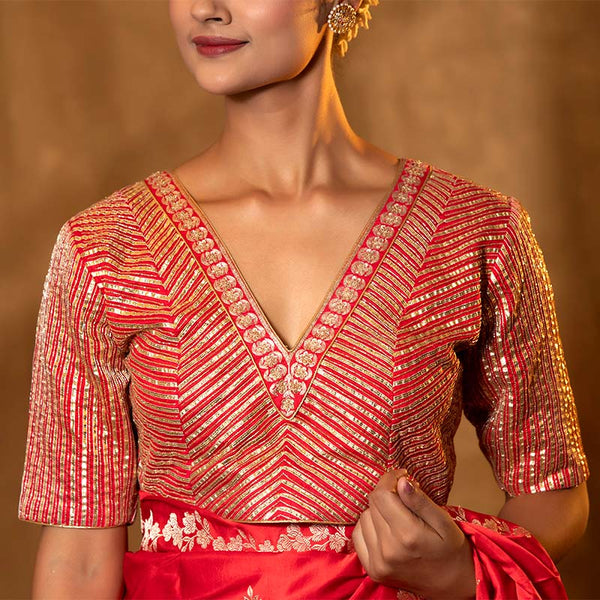 Red Katan Silk Banarasi Blouse with Gota Patti and Cutdana Stripes