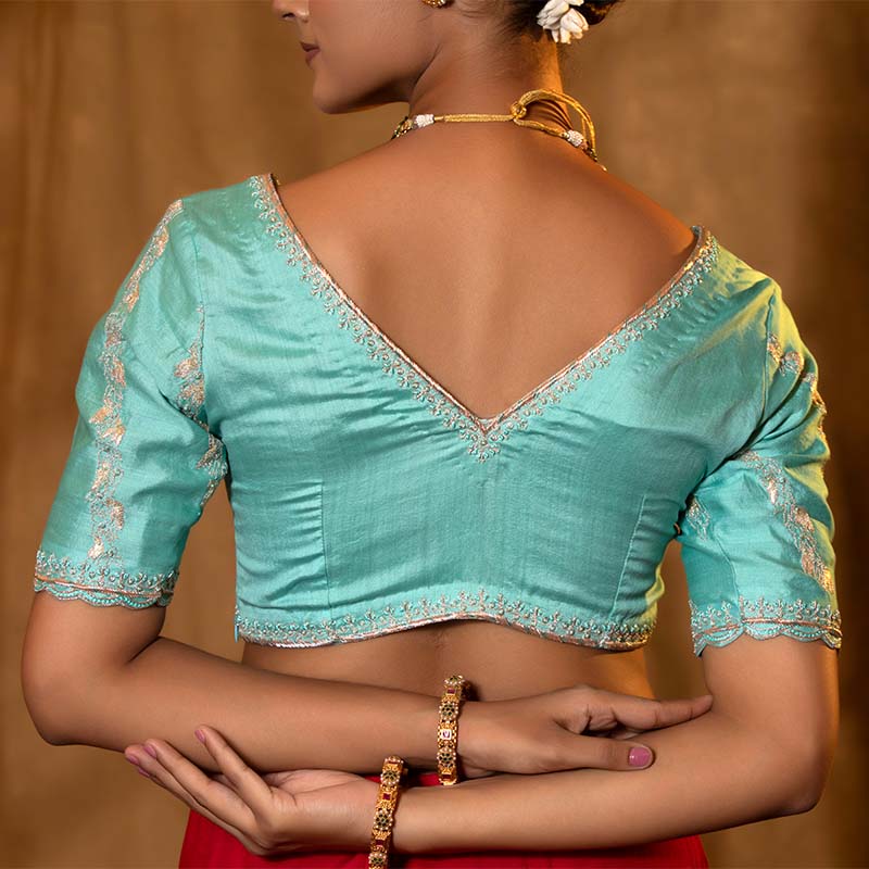 Sky Blue Chiniya Silk Banarasi Blouse with Zardozi and Aari Handwork