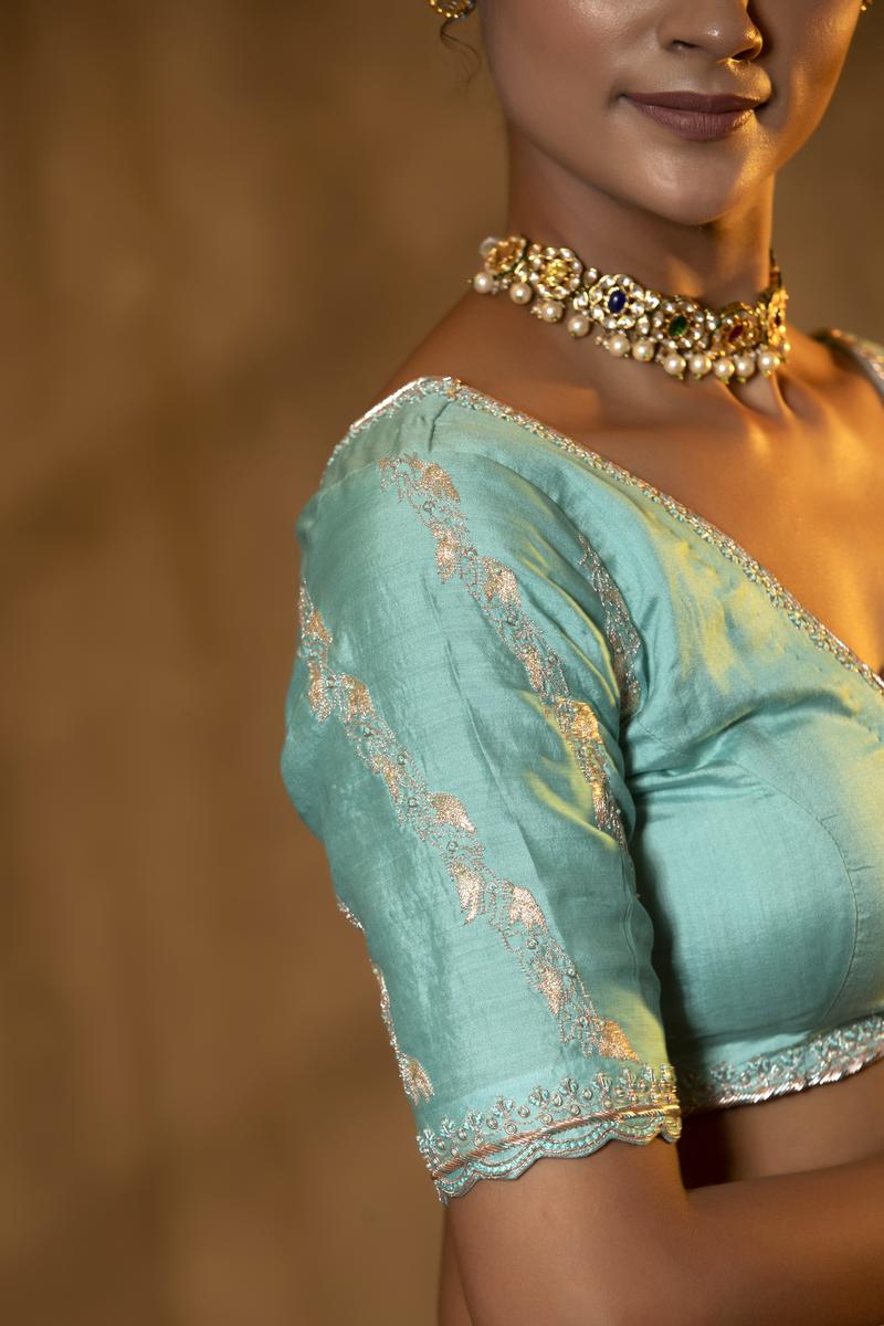 Sky Blue Chiniya Silk Banarasi Blouse with Zardozi and Aari Handwork