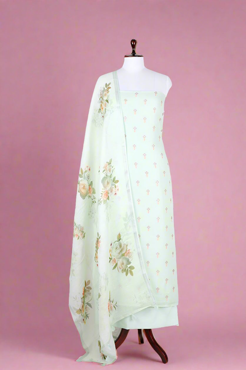 Mint Green Embroidered Floral Printed Linen Dress Material