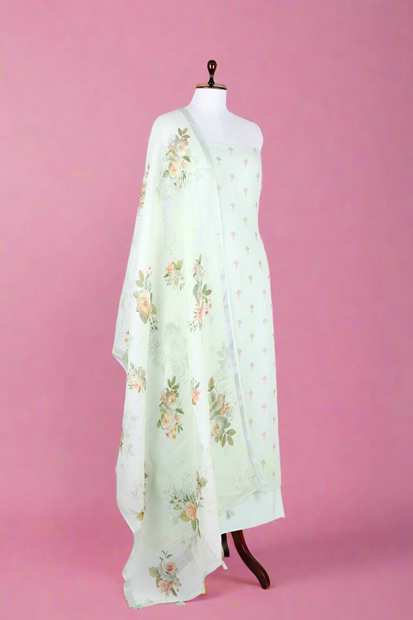 Mint Green Embroidered Floral Printed Linen Dress Material