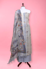 Cloud Grey Floral Printed Organza Silk Dress Material for Party/Festive/Wedding Wear