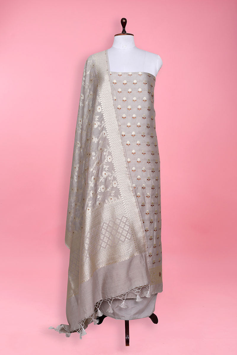 Grey Woven Mulberry Silk Dress material – Chinaya Banaras