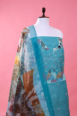 Aqua Blue Marine Embellished Organza Silk Dress Material - Chinaya Banaras