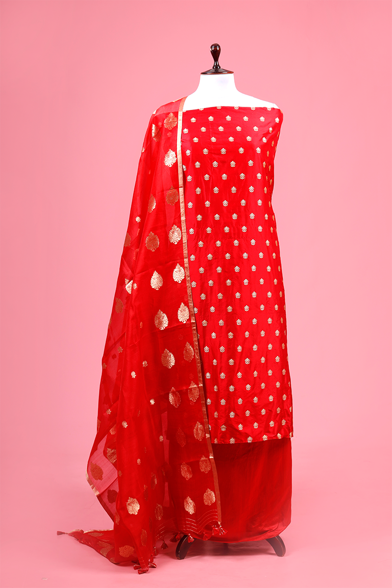 Buy Red Ethnic Handwoven Banarasi Dress Material Online