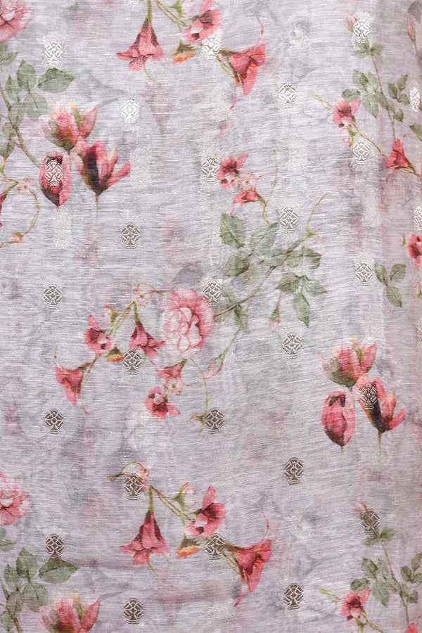 Ash Grey Floral Printed Linen Suit Piece