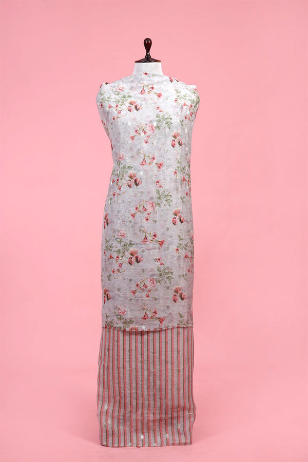 Buy Ash Grey Floral Printed Linen Suit Piece Online