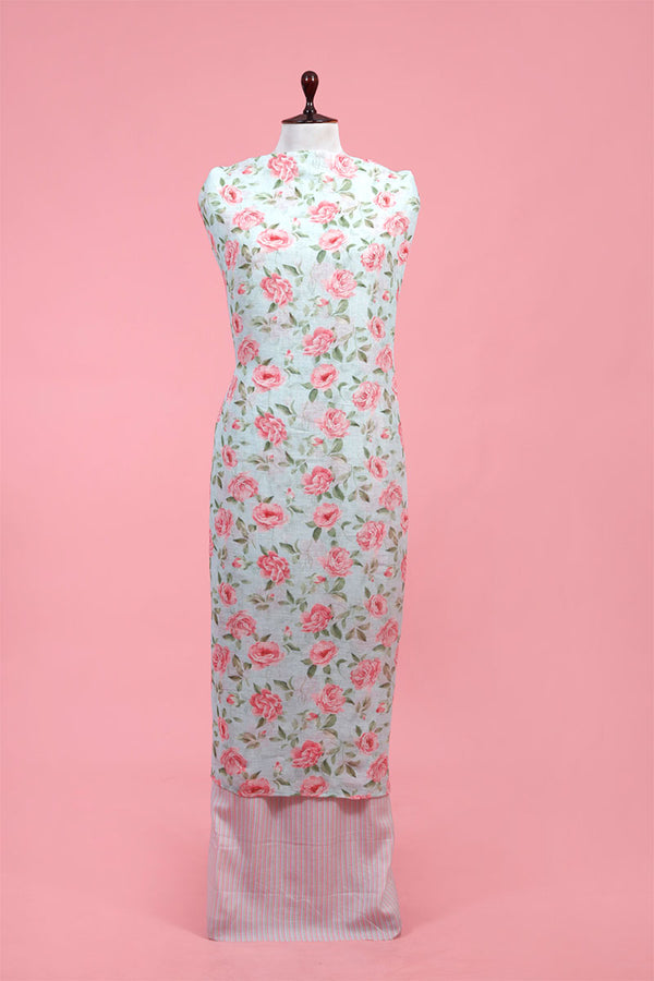 Buy Sky Blue Floral Printed Linen Suit Piece Online