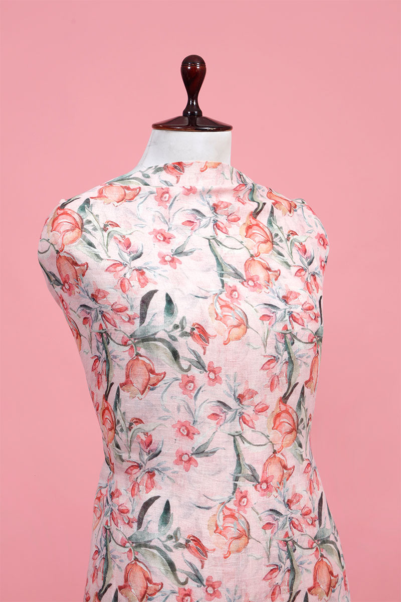 Baby Pink Floral Printed Linen Suit Piece