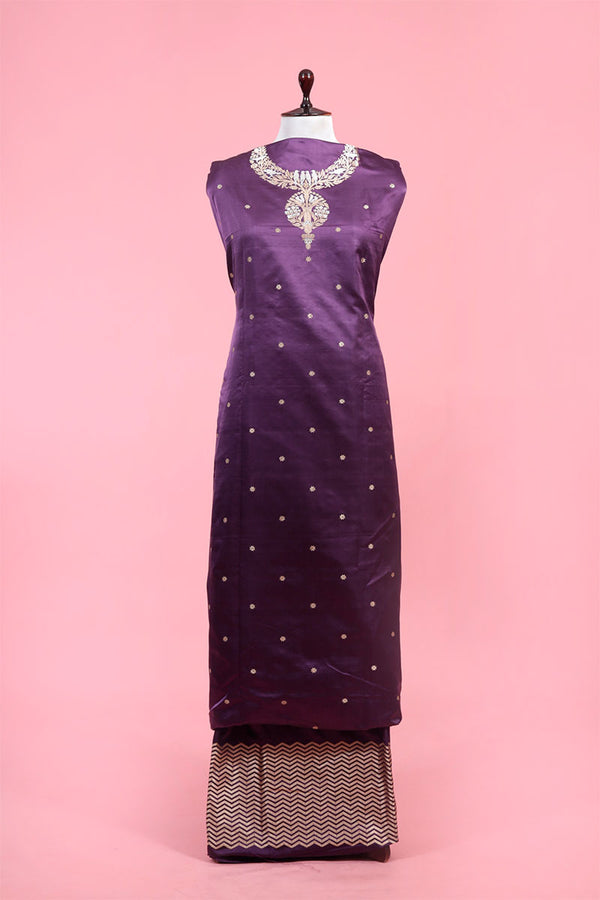 Buy Purple Handloom Banarasi Satin Dress Material Online