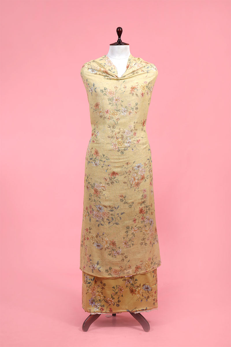 Mustard Yellow Floral Printed Linen Suit Piece for Festivals/Wedding Wear