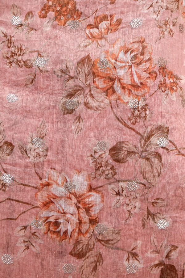 Rust Peach Floral Printed Linen Suit Piece