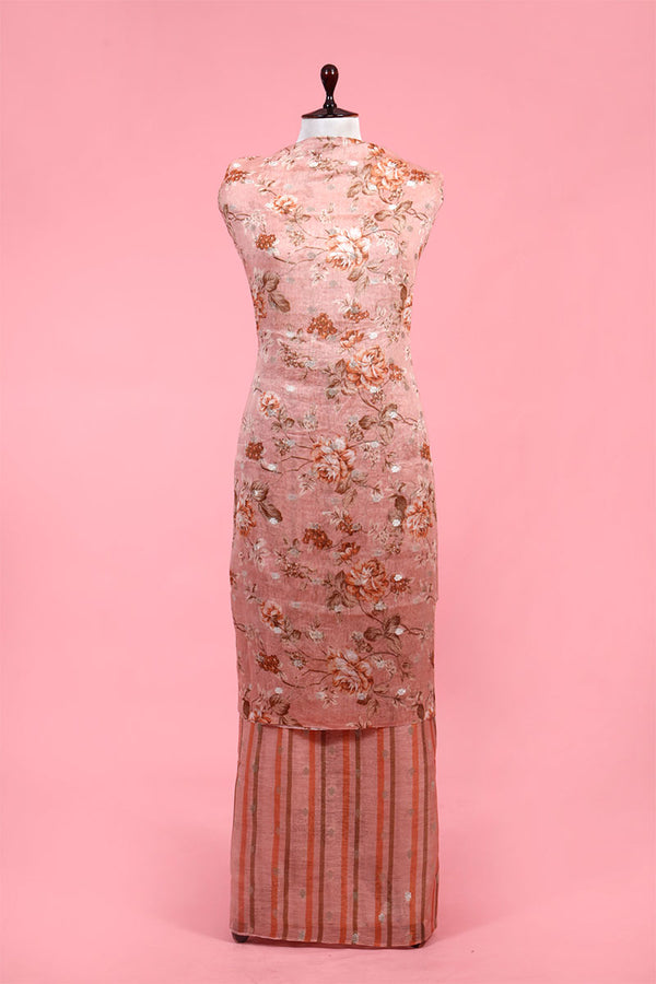 Buy Rust Peach Floral Printed Linen Suit Piece Online