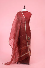 Buy Maroon Floral Embellished Organza Silk Suit Piece Online