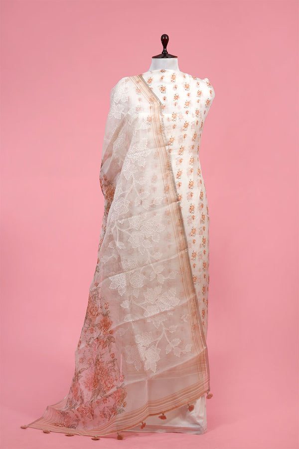 Buy White Floral Printed Organza Silk Suit Piece Online