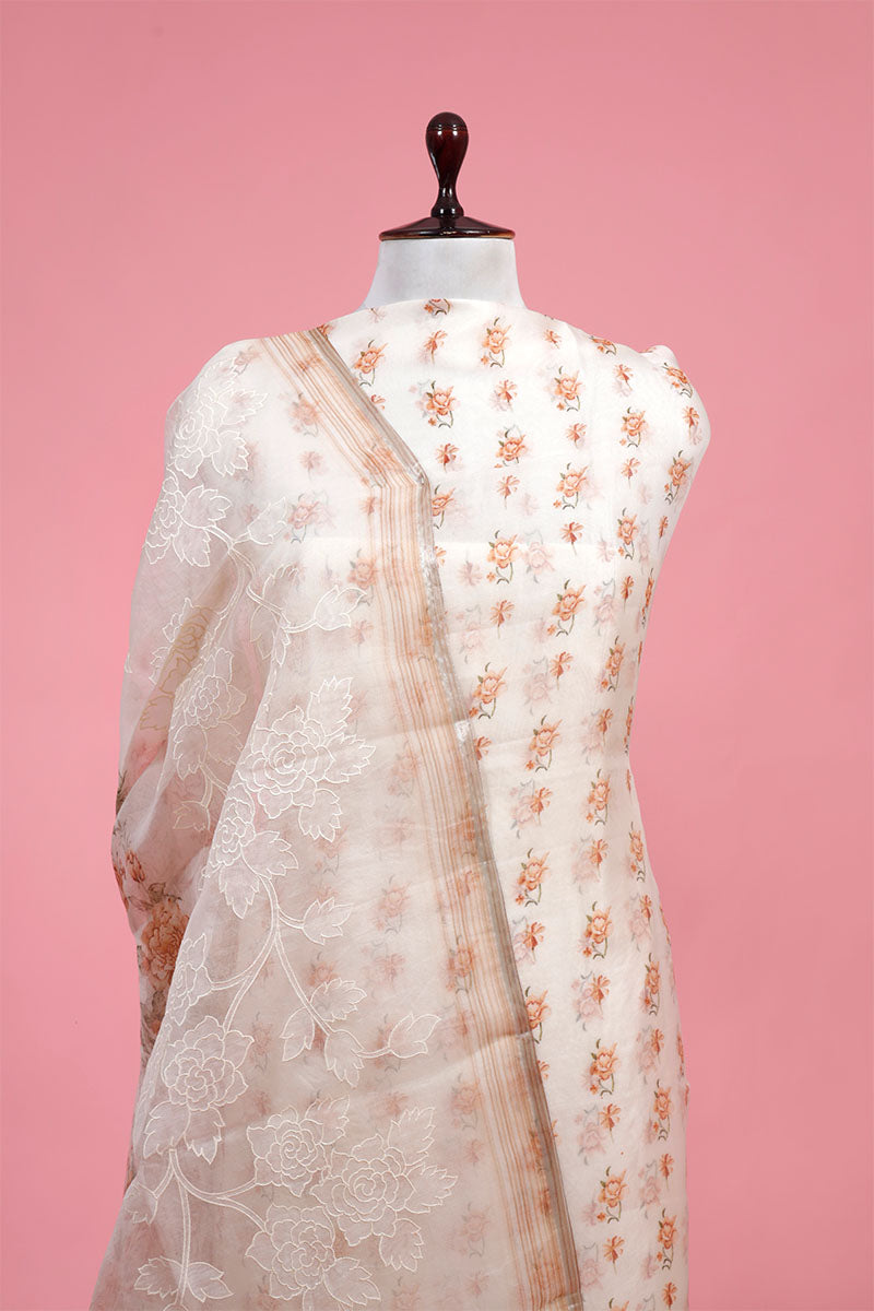 White Floral Printed Organza Silk Suit Piece