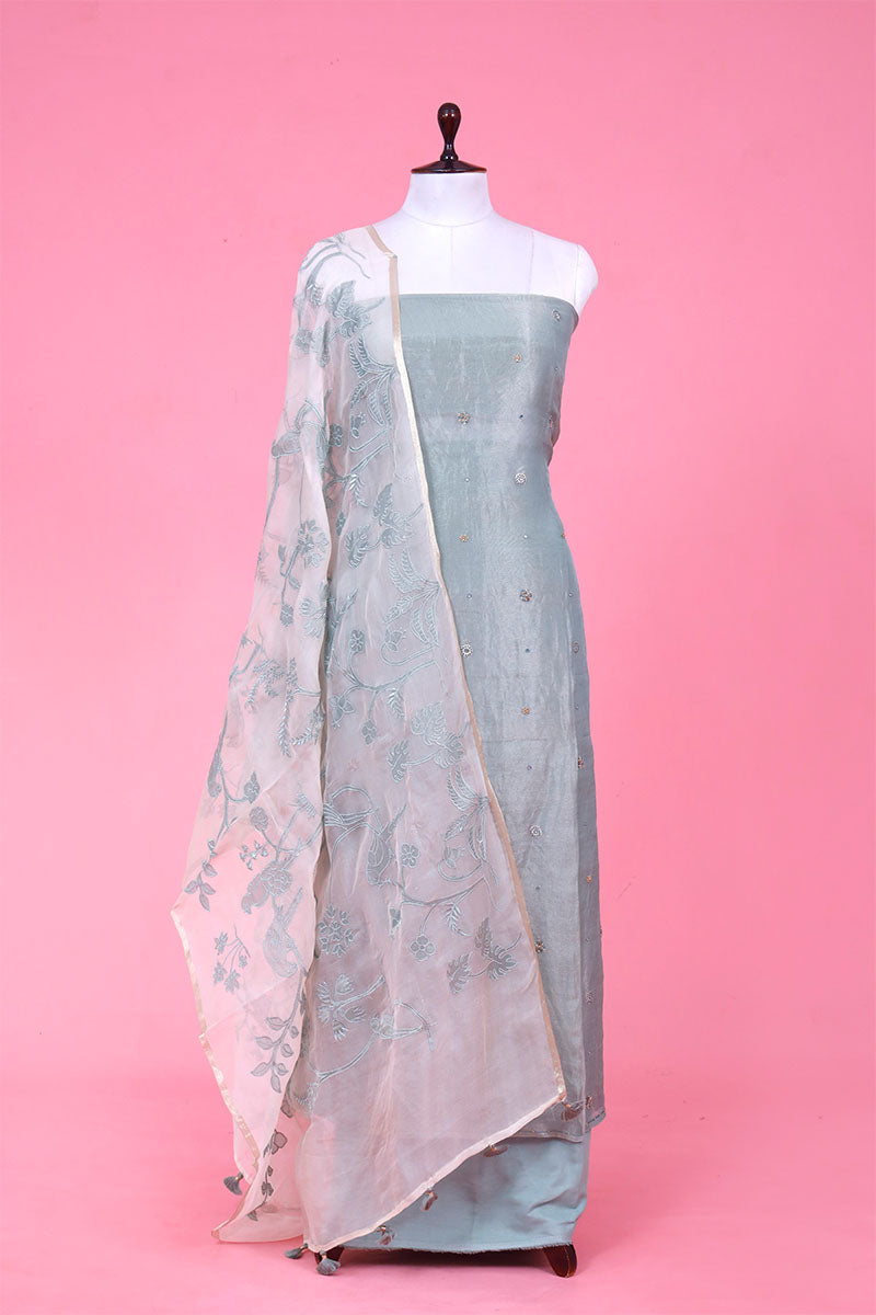 Buy Sage Blue Embellished Tissue Dress Material Online