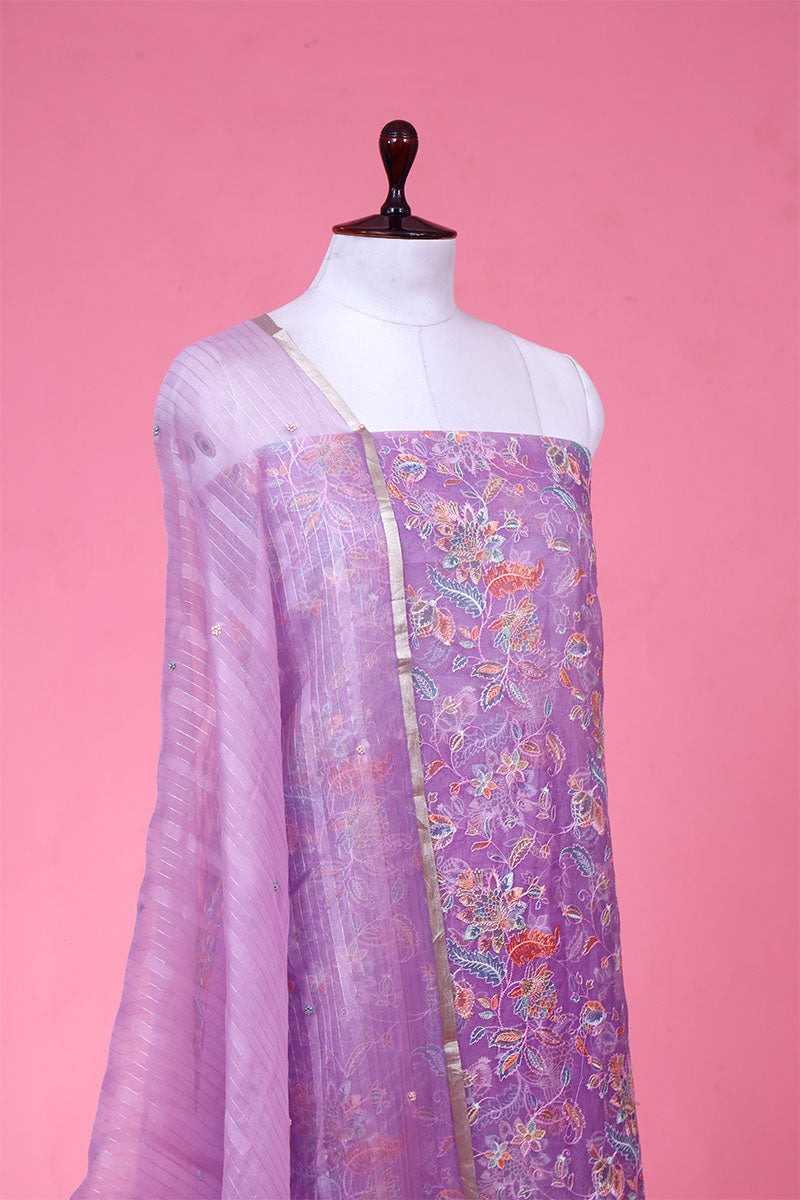 Lavender Embroidered Organza Silk Suit Piece