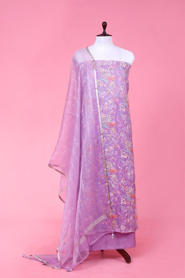 Buy Lavender Embroidered Organza Dress Material Online
