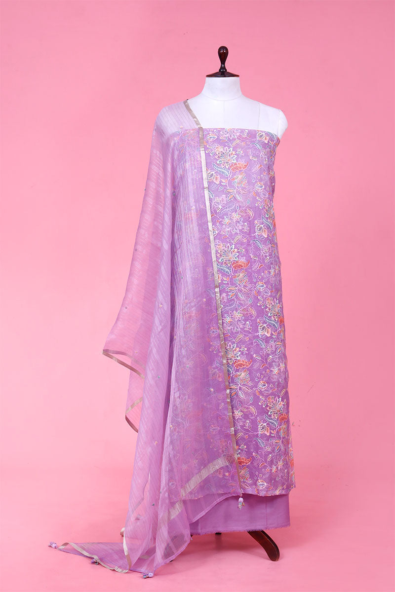 Lavender Embroidered Organza Silk Suit Piece for Women