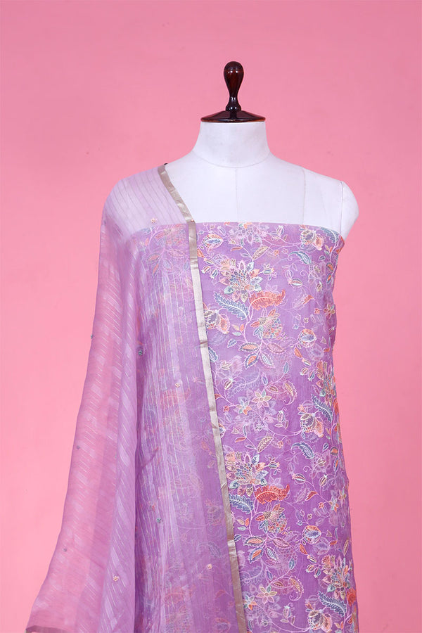 Lavender Embroidered Organza Silk Suit Piece