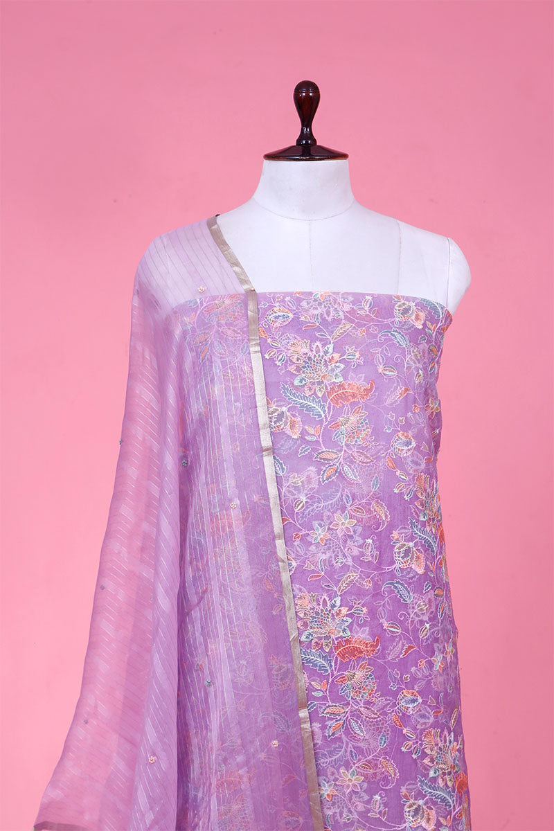 Lavender Embroidered Organza Silk Suit Piece