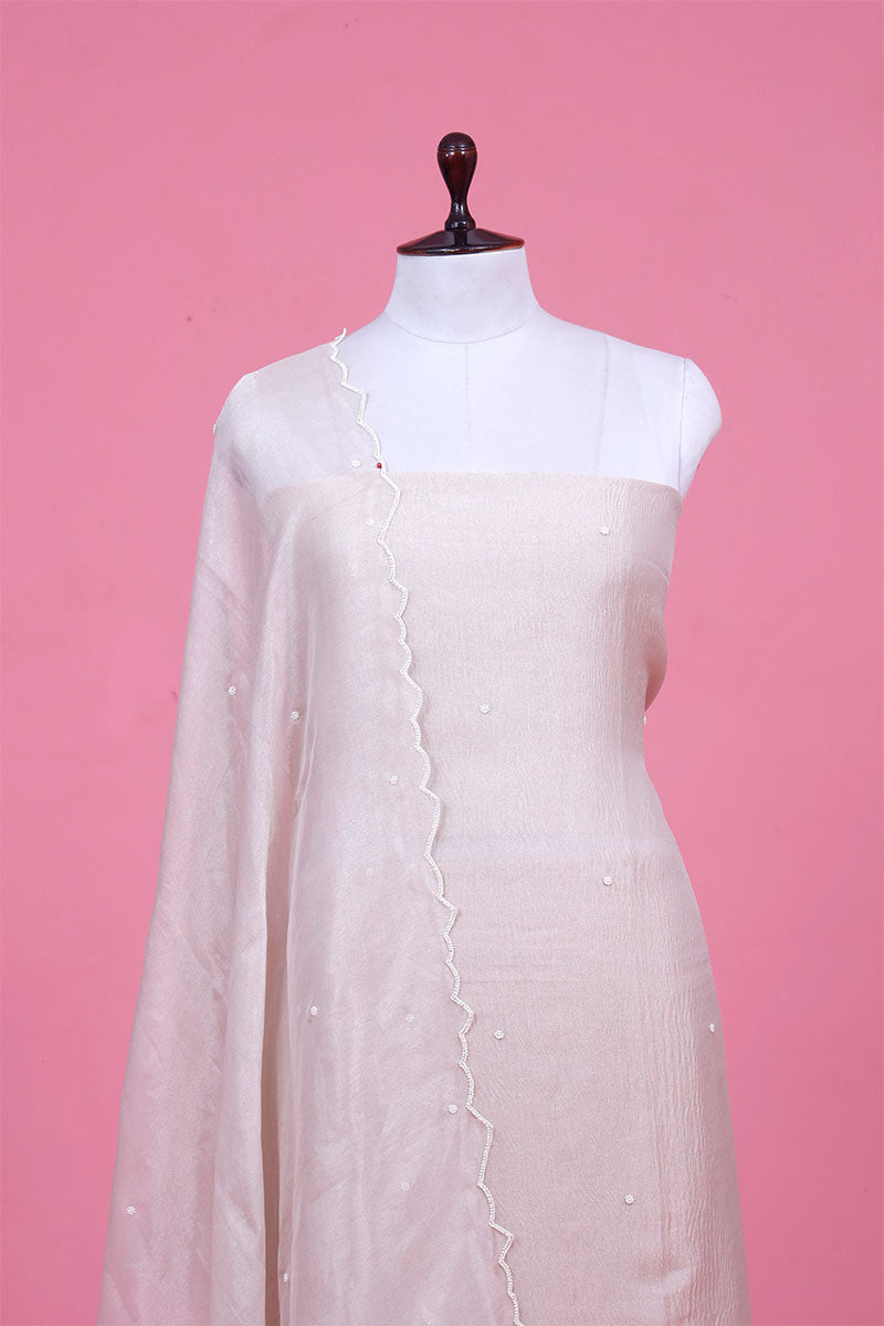 Off White Embellished Crushed Tissue Silk Suit Piece