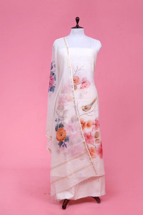 Buy White Handpainted Chanderi Dress Material Online