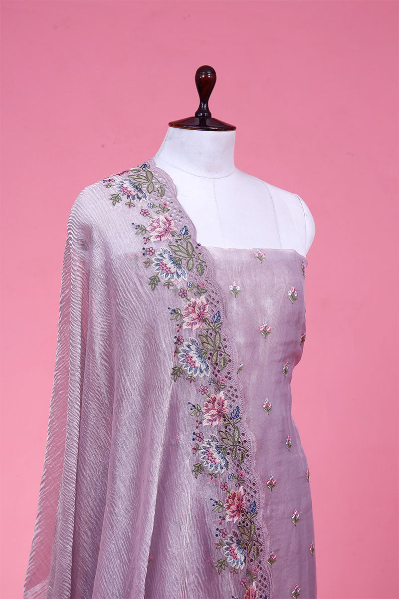 Glittery Lilac Embroidered Tissue Silk Suit Piece