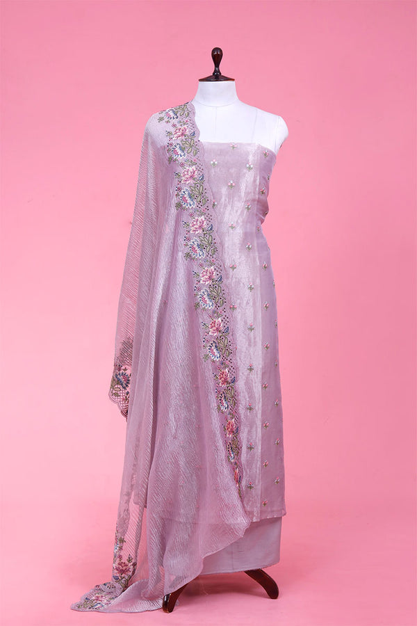 Glittery Lilac Embroidered Tissue Silk Suit Piece for Party/Festive/Wedding Wear