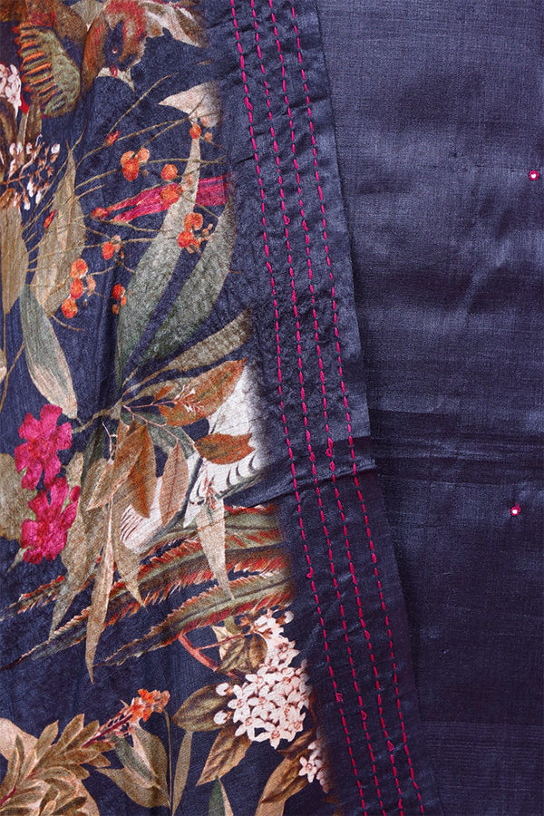 Navy Blue Kantha Embroidered Tussar Silk Suit Piece