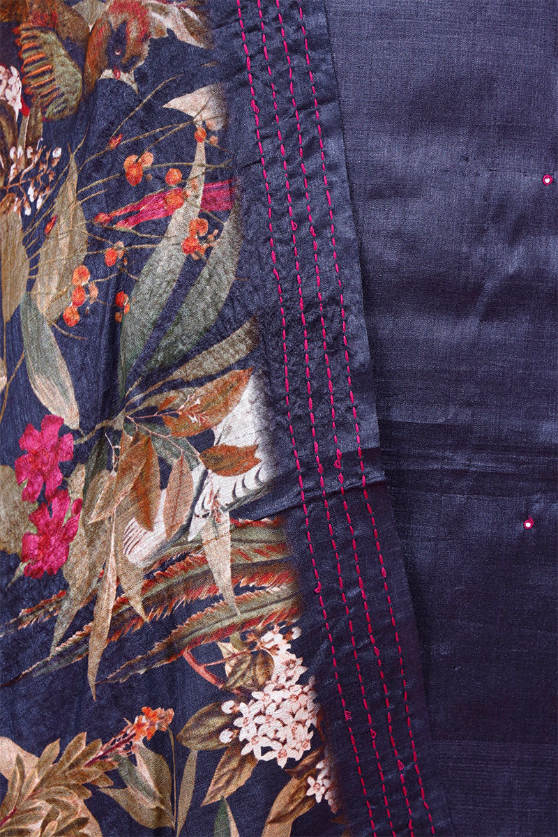 Navy Blue Kantha Embroidered Tussar Silk Suit Piece