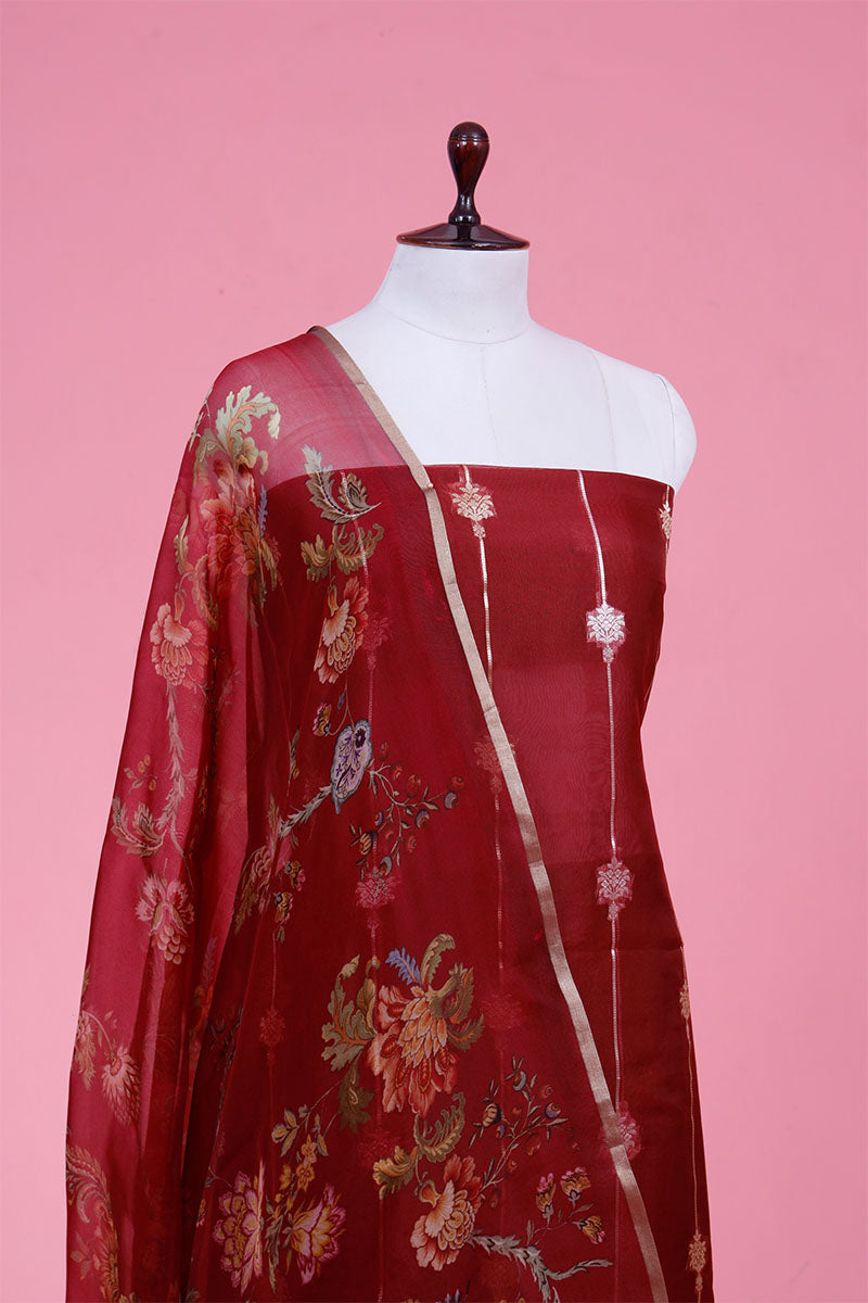 Maroon Woven Organza Silk Suit Piece