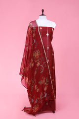 Buy Maroon Woven Organza Dress Material Online