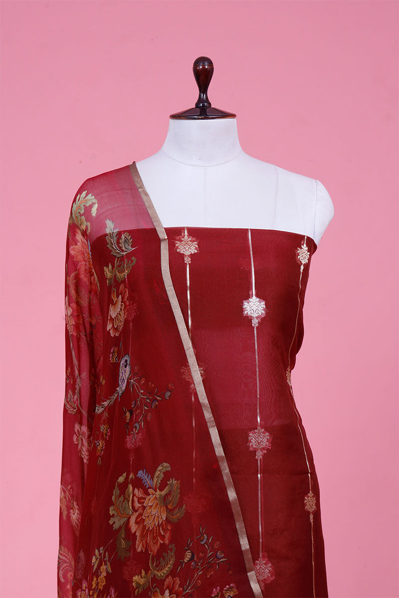 Maroon Woven Organza Silk Suit Piece