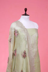 Pista Green Embellished Organza Silk Suit Piece