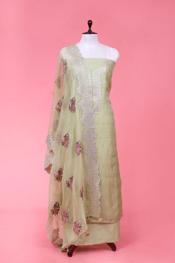 Buy Pista Green Embellished Organza Dress Material Online