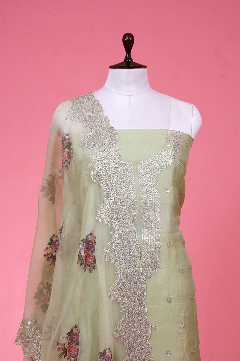 Pista Green Embellished Organza Silk Suit Piece