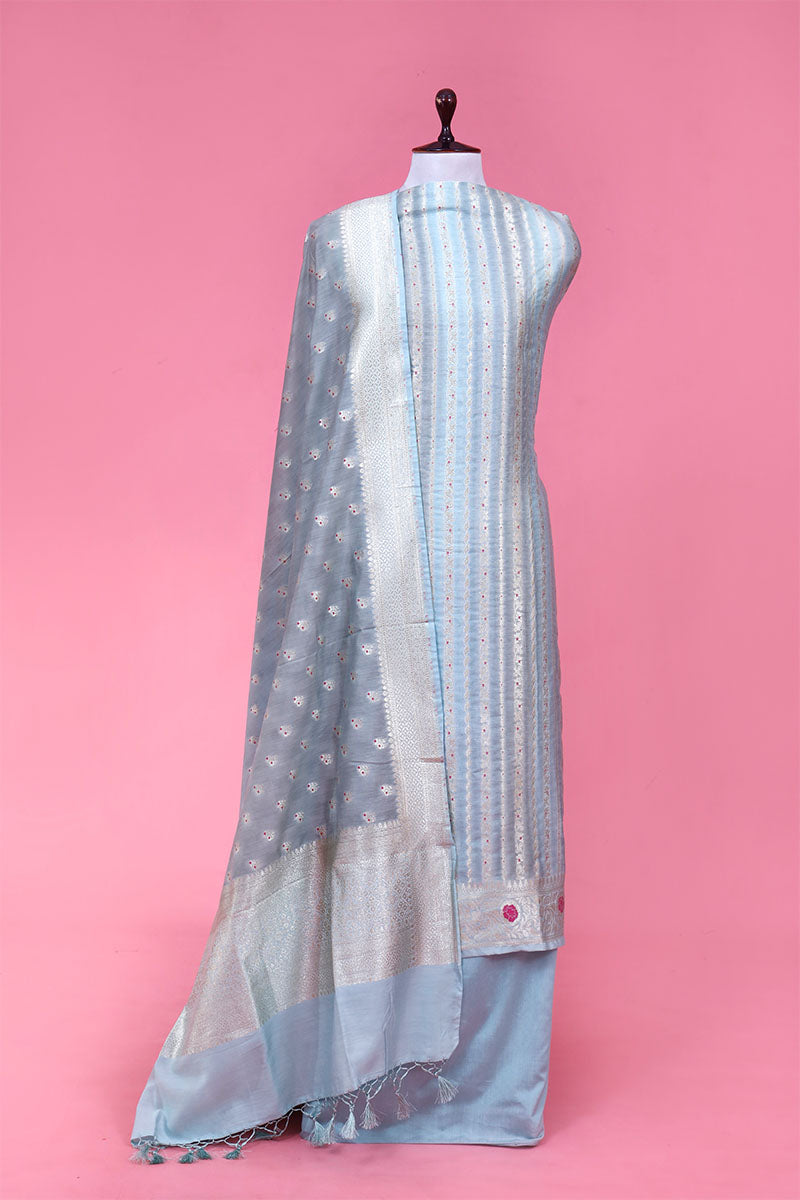 Buy Powder Blue Striped Rangkat Mulberry Dress Material Online