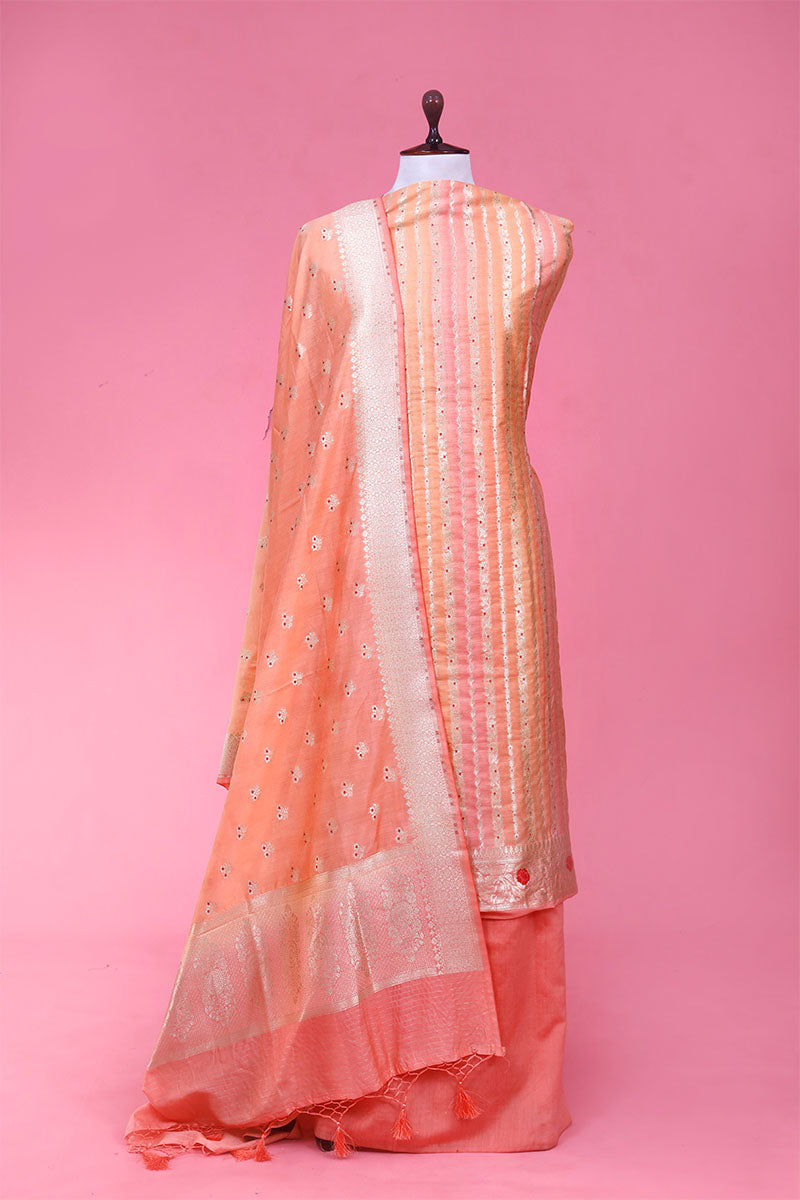 Peach Striped Rangkat Mulberry Silk Suit Piece for Party/Wedding Wear