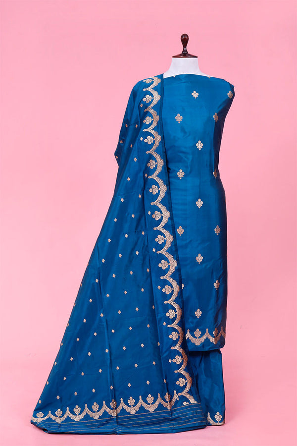 German Blue Handloom Banarasi Katan Silk Suit Piece for Women