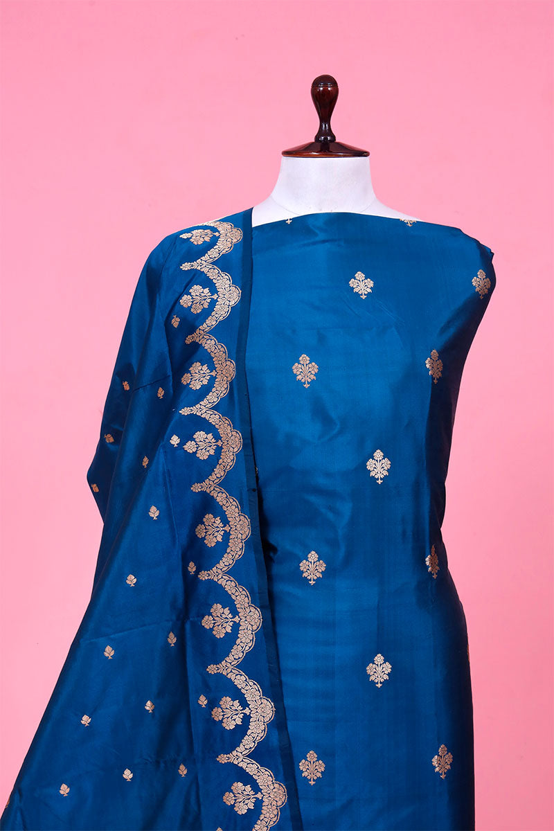 German Blue Handloom Banarasi Katan Silk Suit Piece