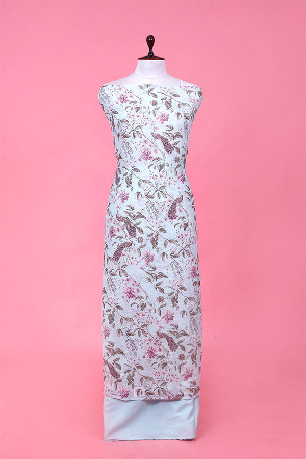 Buy Powder Blue Floral Printed Linen Dress Material Online